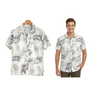 American Eagle Shirt Men Medium Tropical Button Up Resort Light Gray Hawaiian